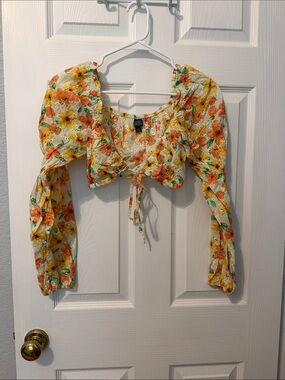 Target Floral Tie-Front Puff Sleeve Crop Top — Yellow, Orange & Cream